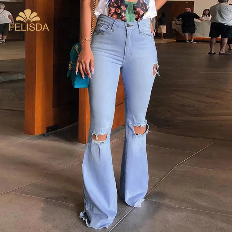 

Factory Wholesale Flare Ripped Jeans Women Elastic Waist Bell Bottom Raw Hem Denim Jeans Pants