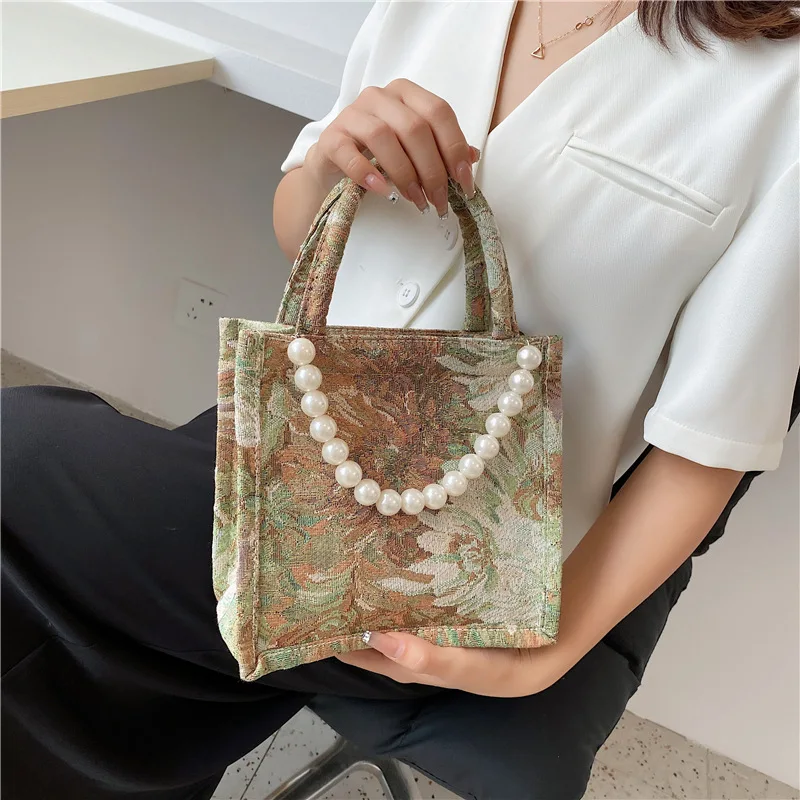 

2021 Fashion Portable Canvas Bag Female New Wave Fashion Floral Texture Tote Bag French Korean Pearl Messenger Bag For Women, Picture color