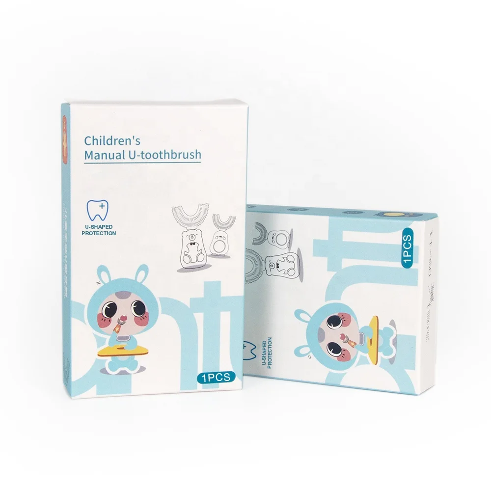 

U-Shape kids toothbrush with your logo in a paper box package, Pink yellow green