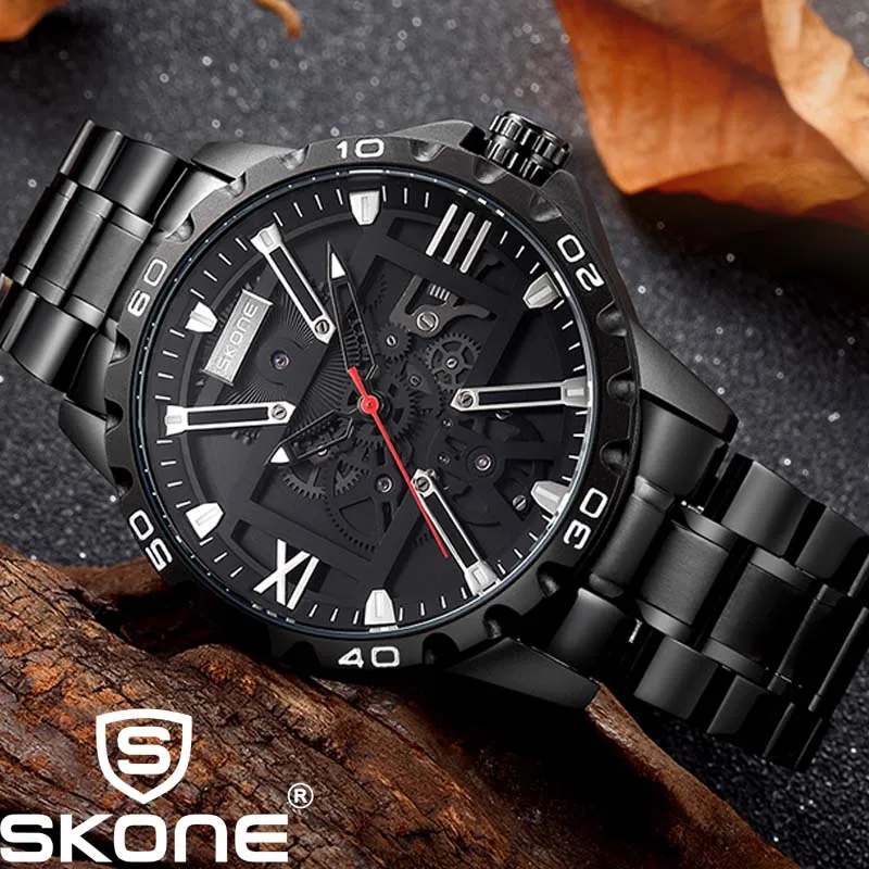 

2021 SKONE 7503 Mechanical Decoration Quartz Watch Top Brand Luxury Men Wrist Watch Black Men's Sport Military Watch, Black rosegold