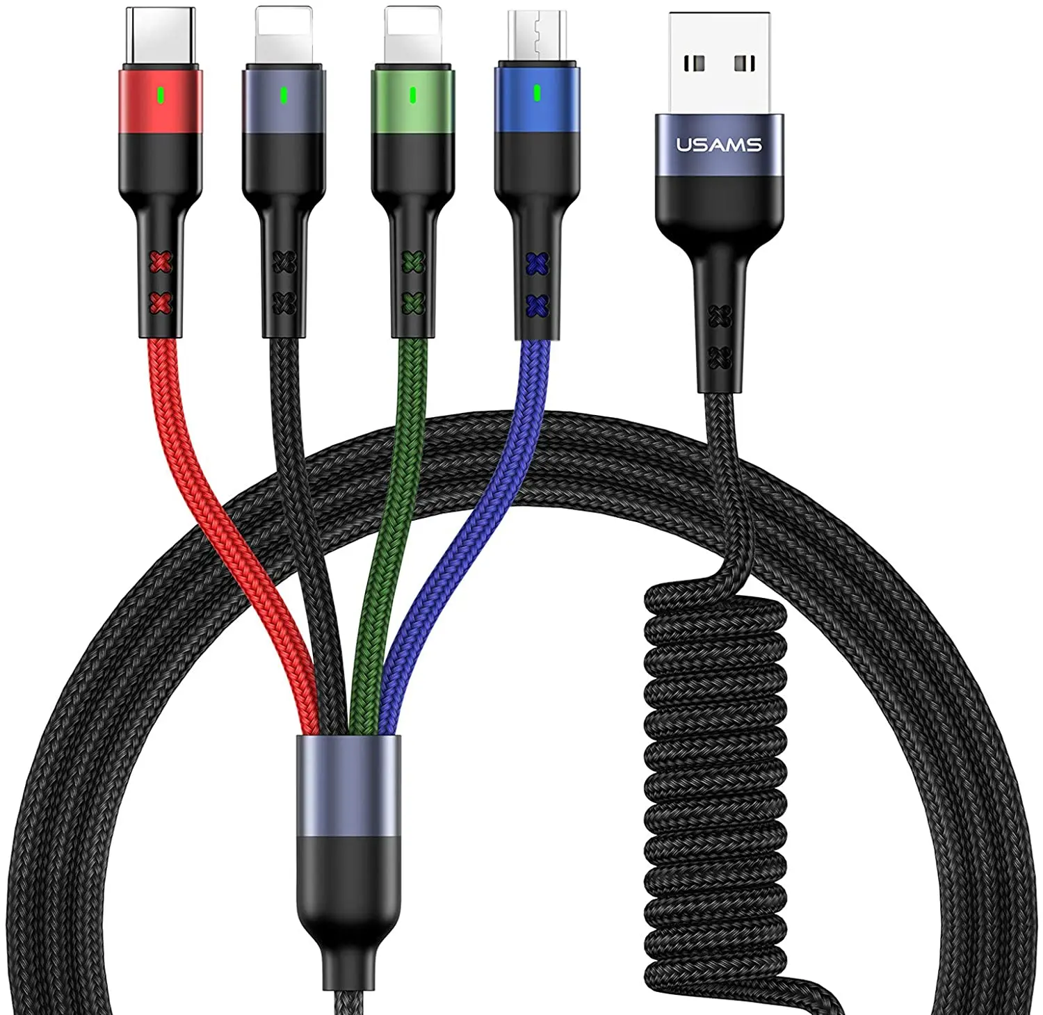 

USAMS Wholesale US-SJ349 Aluminum Alloy 2A 4IN1 Spring Braided 1.5m Charging USB Cable, Black