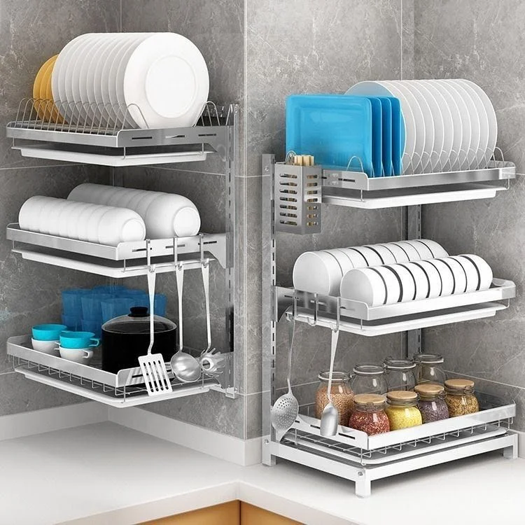 

High quality stainless steel kitchen storage two tier drainer wall hanging dish rack