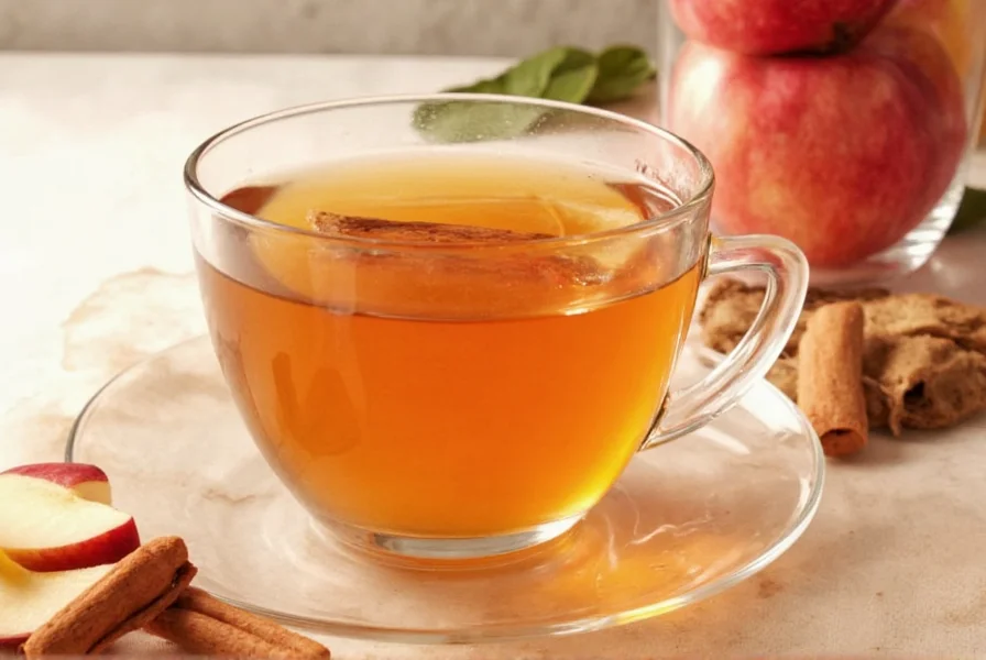 Apple slices and cinnamon sticks arranged on cutting board with tea infuser and measuring spoons for diy apple spice tea preparation