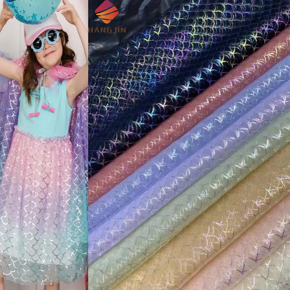 

Sparkling Mermaid Tail Illusion Ombre Iridescent Tulle Lace Fabric With Printed Fish Scale Mesh Fabric For Tutu Dress Kids Skirt