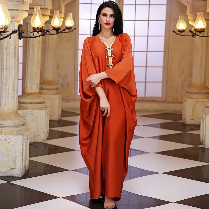 

Orange Satin Kaftan Dress for Women Eid 2021 Luruxy Hand-Sewn Diamond Abaya Moroccan Dubai Turkey Arabic Muslim Clothes