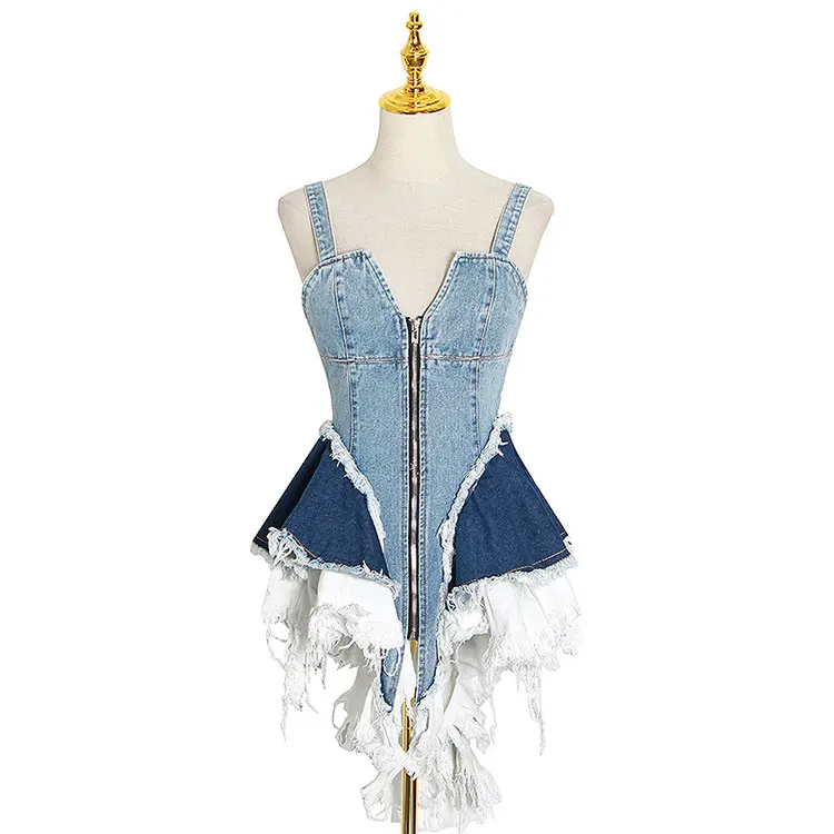 

Sexy Patchwork Denim Square Collar Sleeveless Tunic Mesh Ruffles Hit Color Vests Female