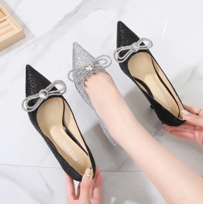 

2021 latest style bow-knot fashion bling low black designer heels for ladies, Black/silver