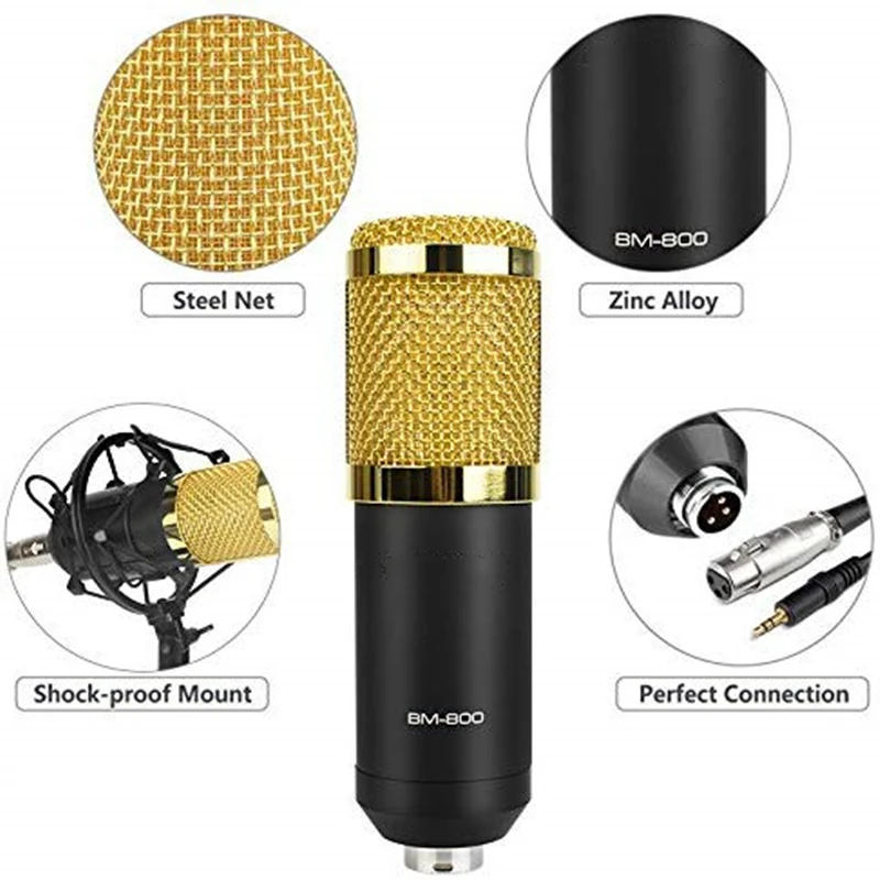 Fugue BM-800 professional condenser audio equipment 3.5mm wired studio radio broadcasting singing live streaming microphone, Black