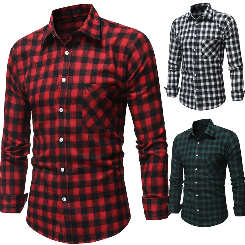 

Wholesale Factory Men Fashion High Quality Long Sleeve Checked Casual Plaid Check Flannel Shirt Mens Shirts, As pictures