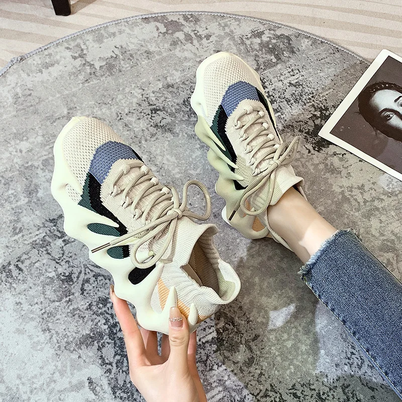 

2022 spring and autumn new yeezy shoes 450 breathable mesh casual running sports shoes socks flying woven octopus women's shoes, Black/beige,grey