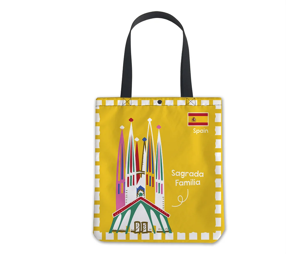 

2022 Vintage Designer Spain Sagrada Familia Logo Travel Gifts Sublimation Print Eco Friendly Foldable Reusable Tote Shopping Bag