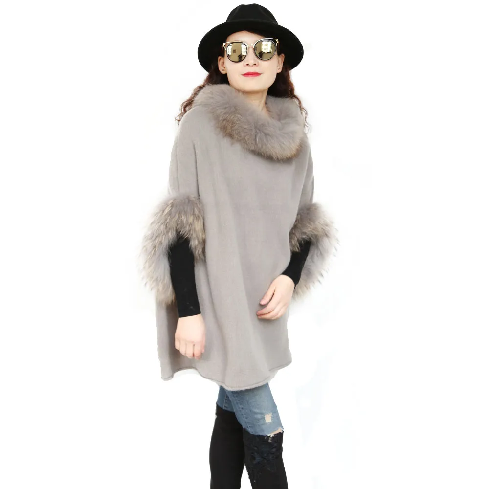 

Fashion design elegant style women winter knit crochet long poncho with raccoon fur