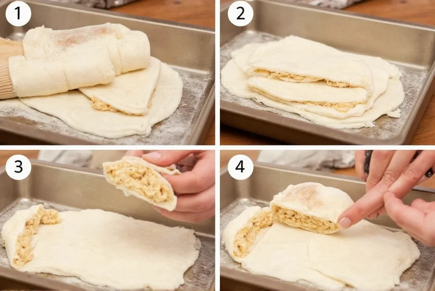Step-by-step process of unrolling Rhodes dinner rolls and adding cinnamon sugar filling