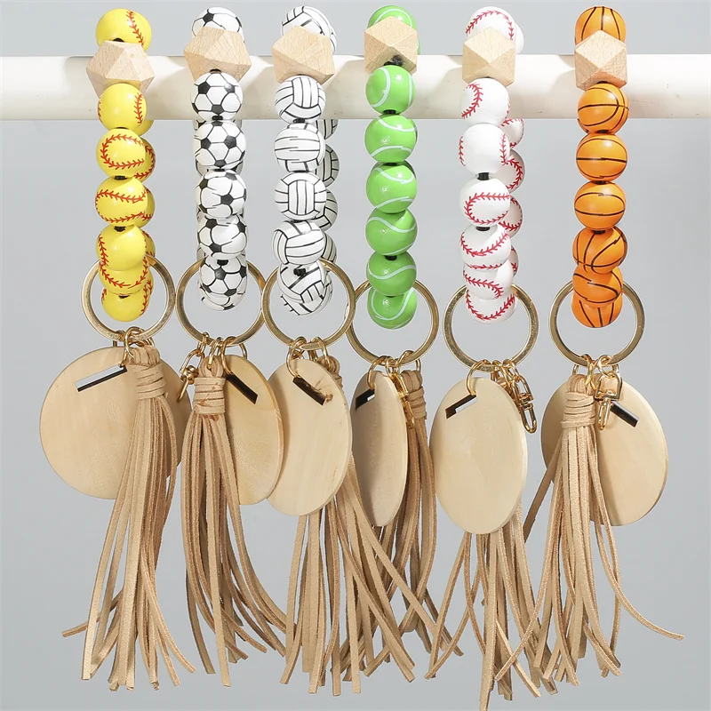 

Sports Series Volleyball Football Basketball Baseball Wood Beads tassels Bracelet Keychain Wooden Bead Wrist Tassel Key Chain, Picture