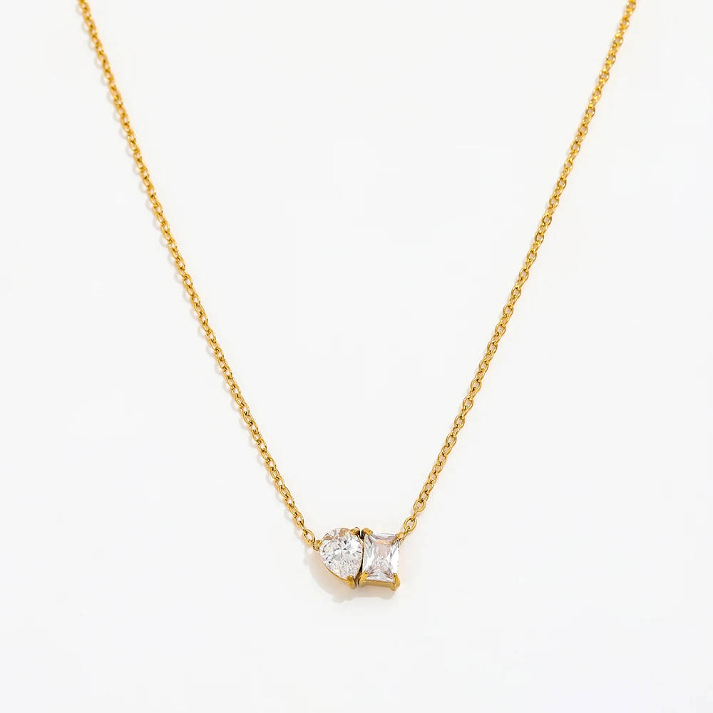 Joolim 18K Gold Plated Non Tarnish Waterproof Cubic Waterdrop Rectangle Double Zirconia Joint Pendant Stainless Steel Necklace