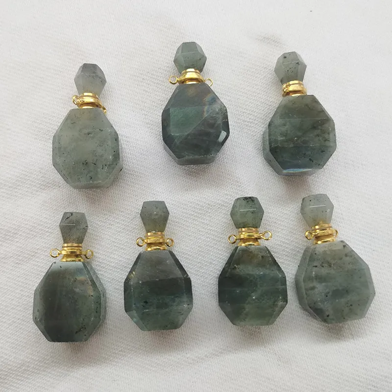 

Wholesale Spectrolite Perfume Bottles Labradorite Oil Bottles Custom Stone Bottle Pendant, As picture