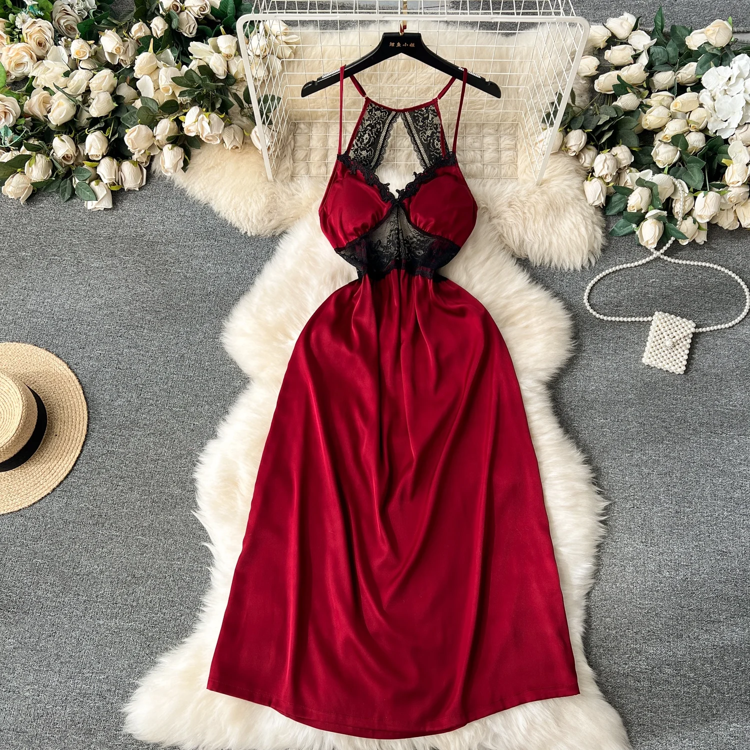 

2024 New Sleeveless V-neck Solid Spaghetti Slip Dress Summer Halter High Waist Ladies Casual Dress Clothes Women