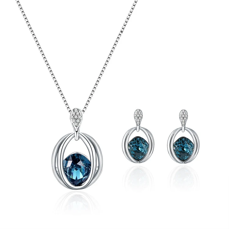 

Fashion Ladies Blue Crystal Diamond Stud Earrings Pendant Necklace Earrings Jewelry Sets