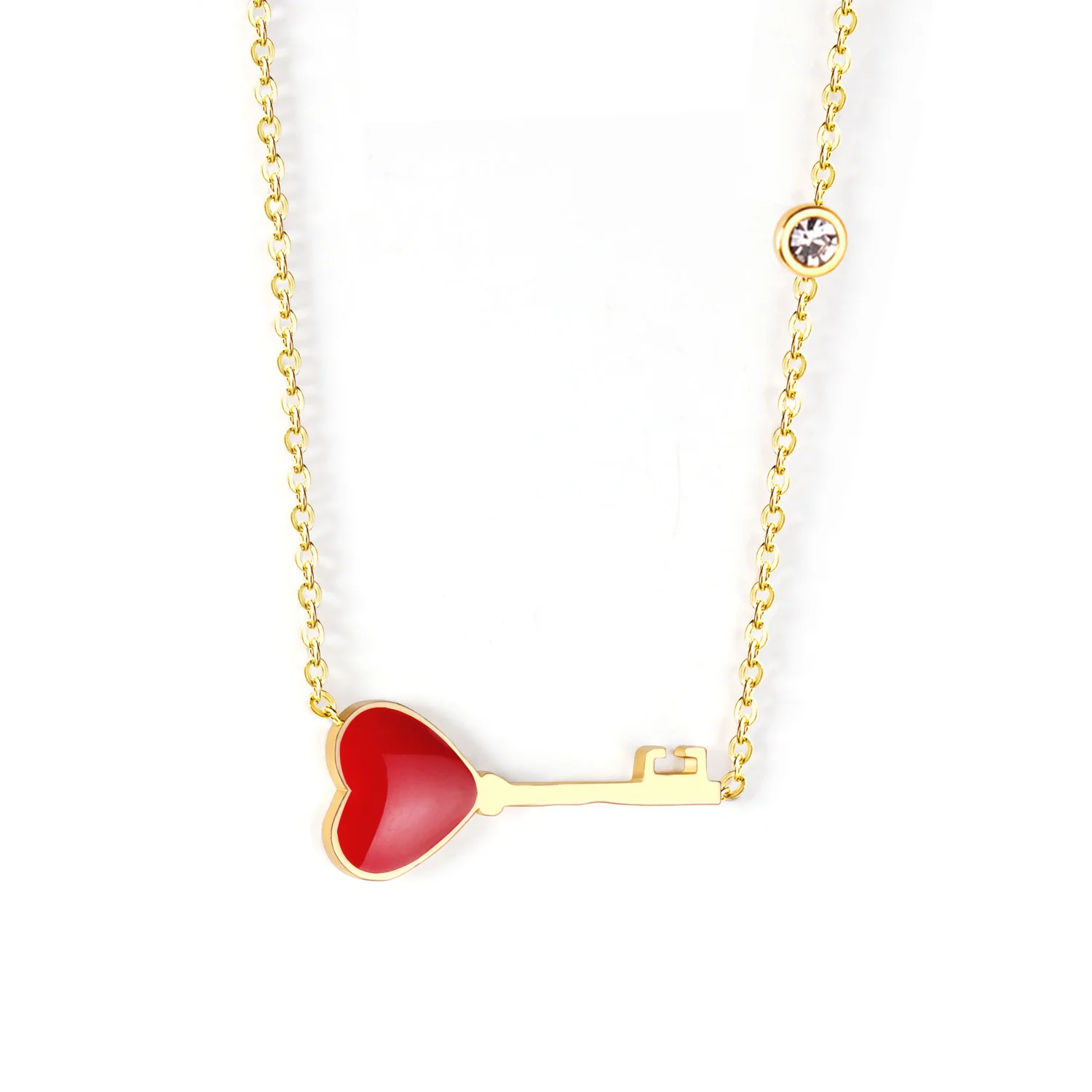 

Cuban Link Necklace Gold Plated Key Red Heart Shape Pendant Necklace Chains for Girlfriend