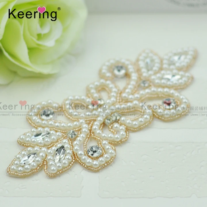 

Hot-sell Customized design Wholesale crystal 3d pearl rhinestone applique for dress bag clothing, Colors