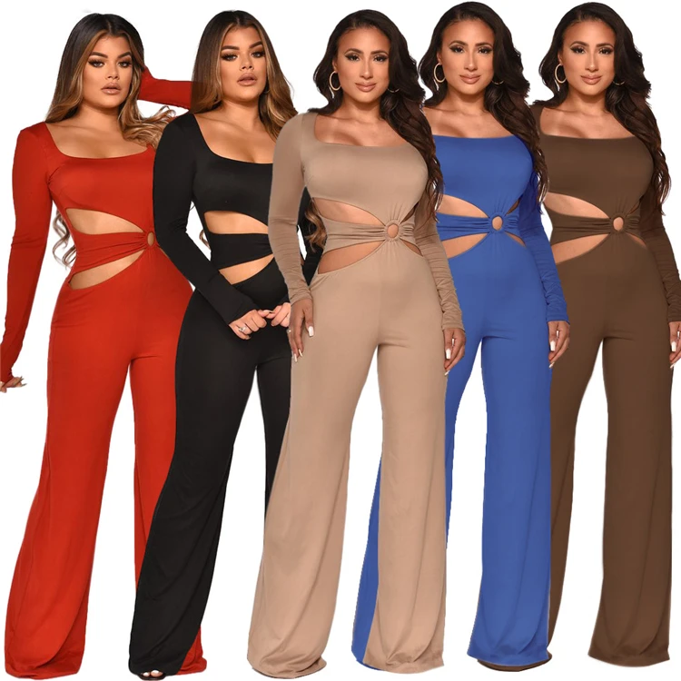 

Fashion 2021 Solid Color Square Collar Sexy Hollow Out Wide Leg Jumpsuit Fall Women Jumpsuit Long Sleeve Jumpsuit For Women