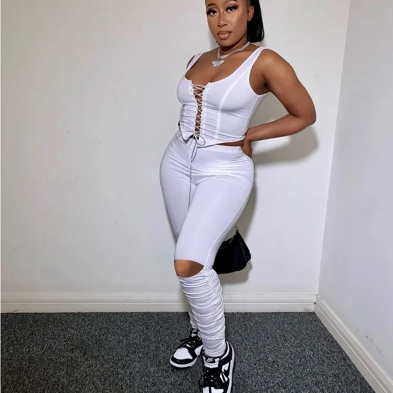 

X02784C Hollow Out Sleeveless Bandage Crop Top High Waist Skinny Legging Women's Tracksuit Summer 2 Piece, Black