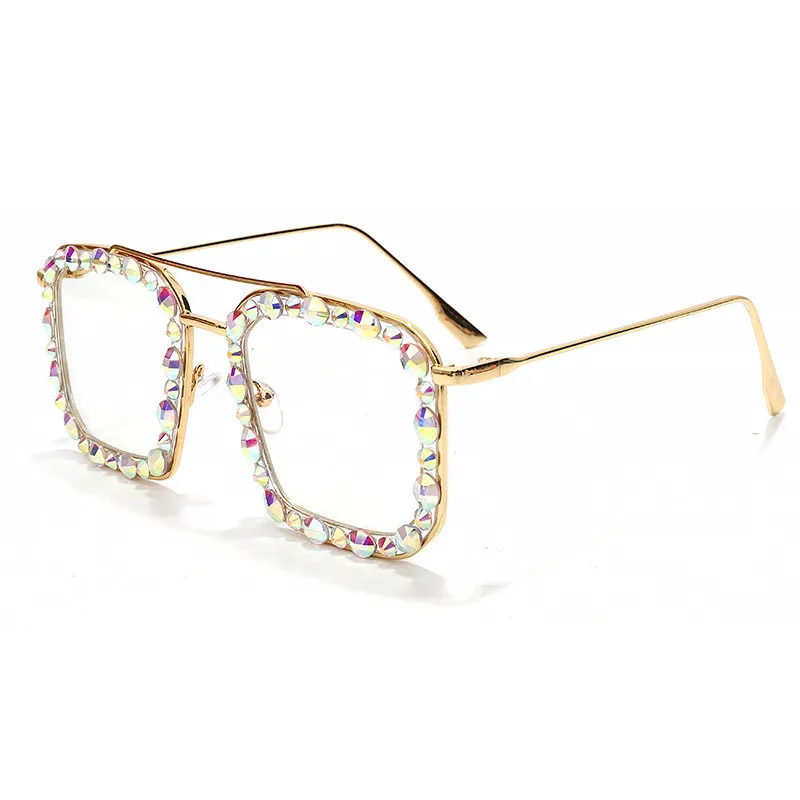 

2021 New Fashion Big Square Gold Frame Bling Rhinestones Sun Glasses UV400 Ocean Lens Sunglasses