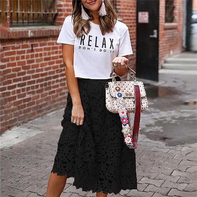 

2021 Spring and Summer New Pure Color Lace Hollow Casual Skirt, Picture color