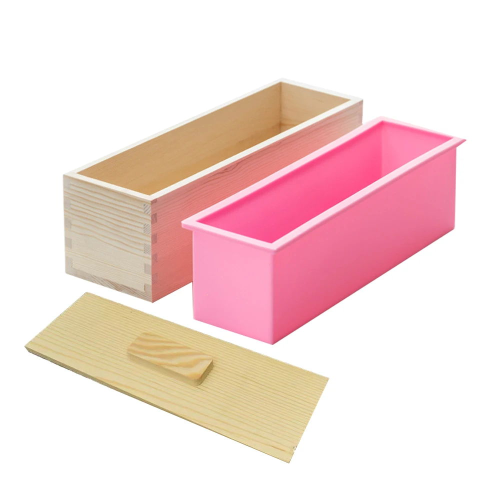 

Amazon Hot Sell Handmade Large Rectangle 1200g Soap Mold Silicone Loaf Soap Mold with Wooden Lid and Base