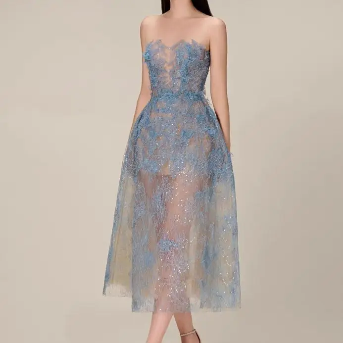 Boutique Wholesale 2026 Summer New Fashionable Lace Temperament Three-dimensional Flower Sequin Perspective Women's Dresses