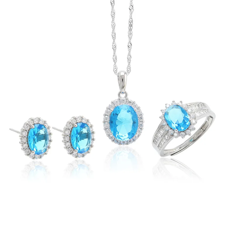 

First Choice Accessories For Banquet 925 Silver Fashion Personalized Colored Gems Ring necklace Jewelry Set