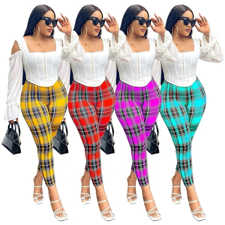 

2021 New Design Trousers For Women Digital Printing Plaid Pants Office Wear Casual Style Ladies Trousers