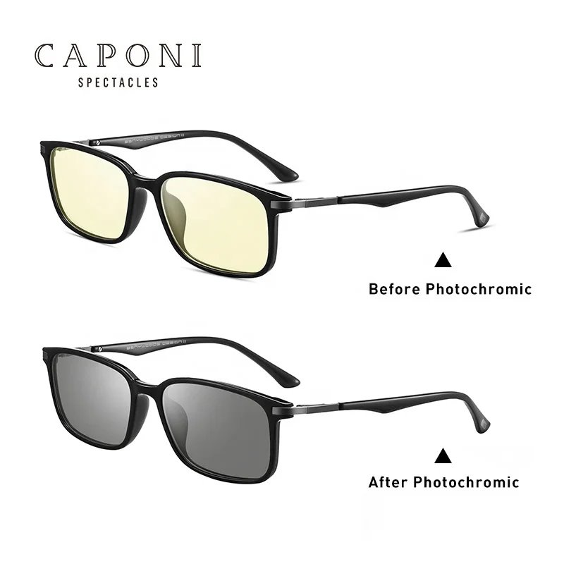 

CAPONI Anti Blue Light Eye Glasses Photochromic For Women UV Ray Defend Eyewear Metal Optical Business Frame Glasses Men BSF6105, Black/amber