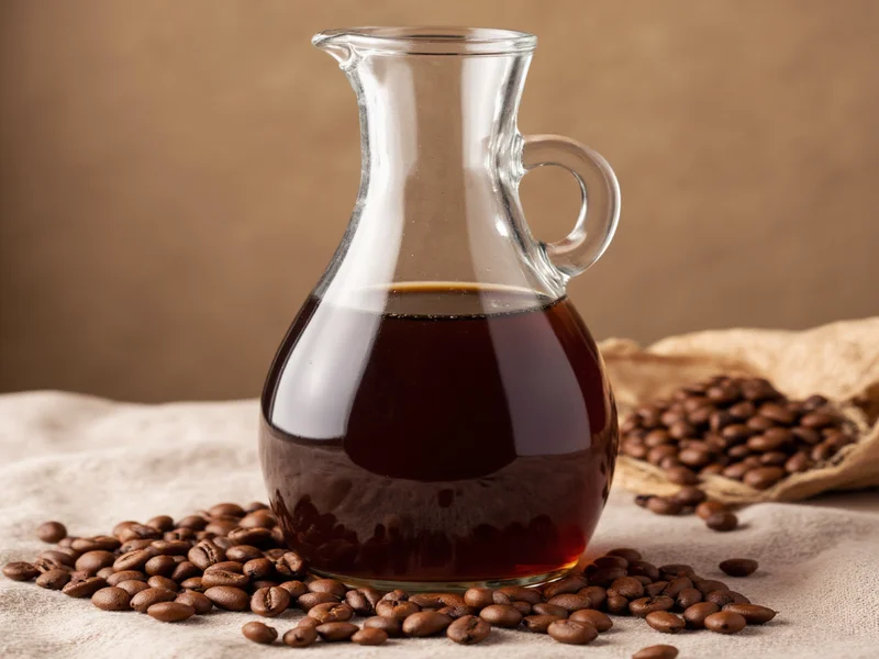 Homemade vanilla coffee syrup in glass bottle with coffee beans
