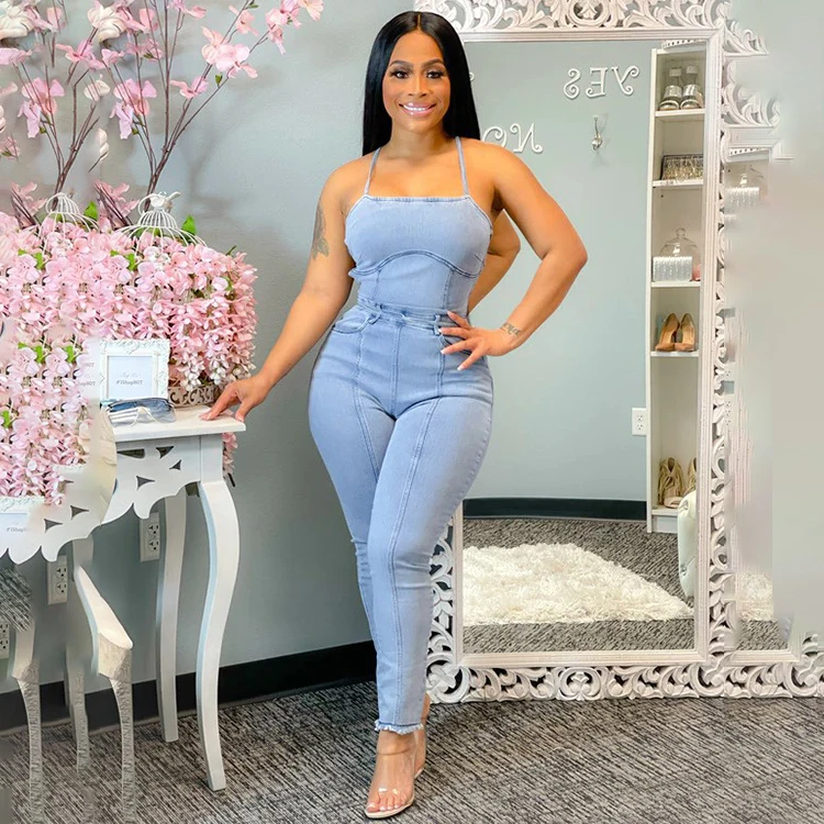 

2021 Summer Sexy Stylish Solid Backless Lace Up Tie Wrap Sleeveless Boat Neck Denim Women Jumpsuit Plus Size Jumpsuit, Light blue