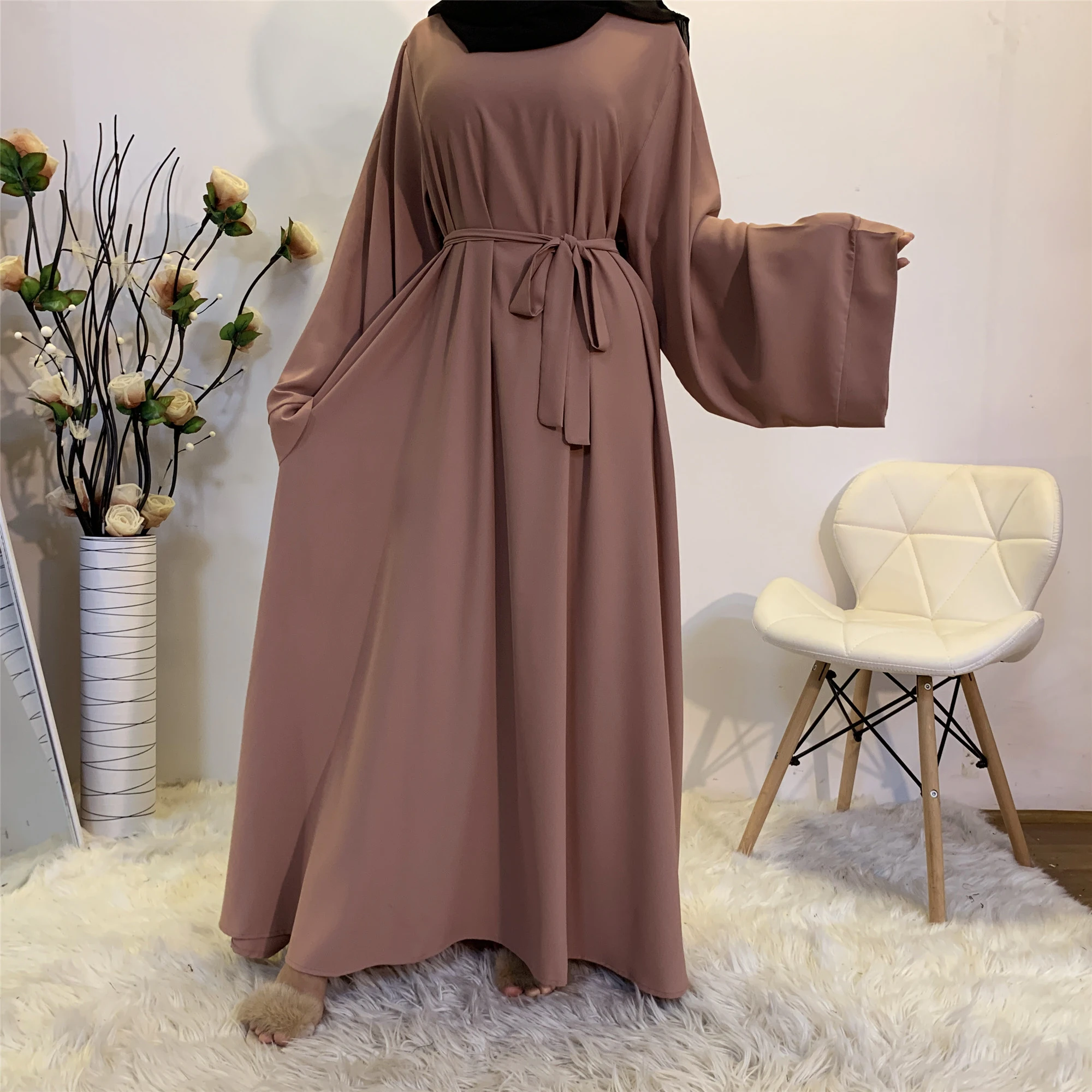 6394 Eid Abaya Dubai Turkey Solid Color Simple Modest Kaftan Islamic