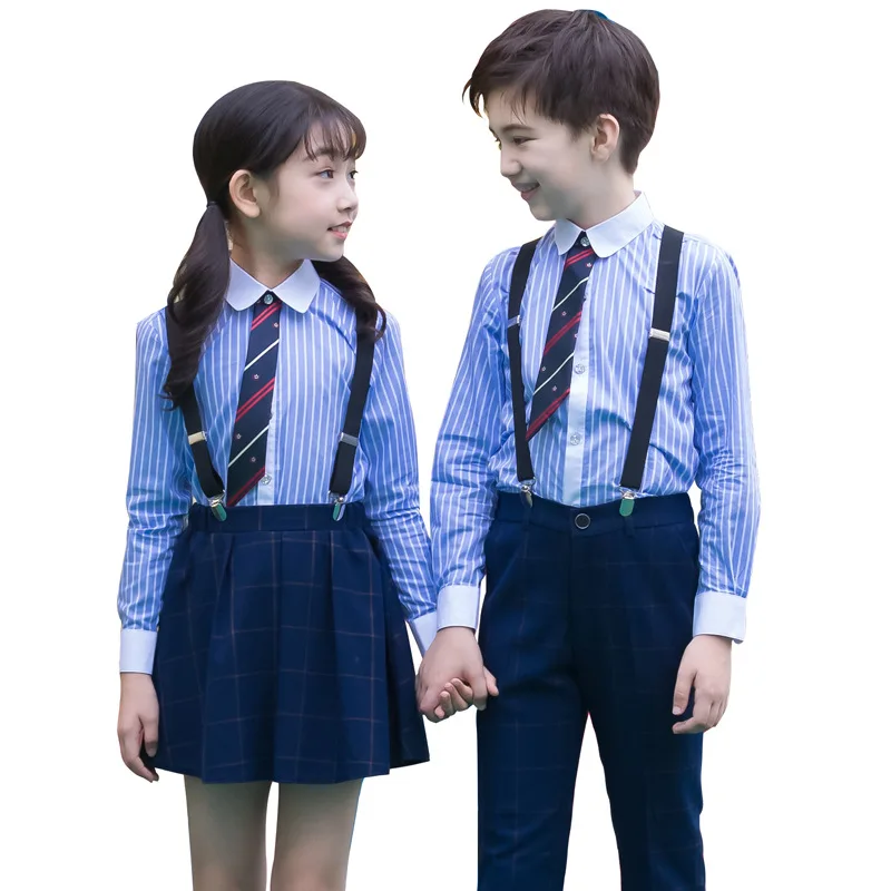 

striped shirt + plaid girls overall skirt fashion middle school uniforms design with pictures, White/sky blue