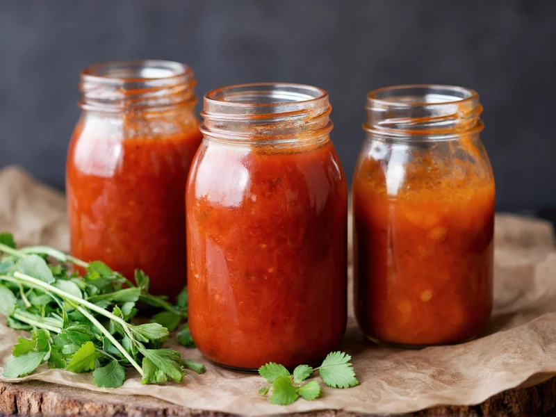 Three homemade barbecue sauces in clear jars with herbs