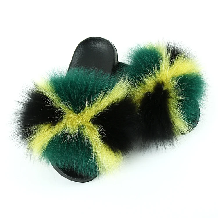 

Fashion National Flag Color Fur Slippers Women Home Fluffy Comfort Furry Summer Flats Ladies Shoes Female Furry Indoor Flops, 6 colors as picture