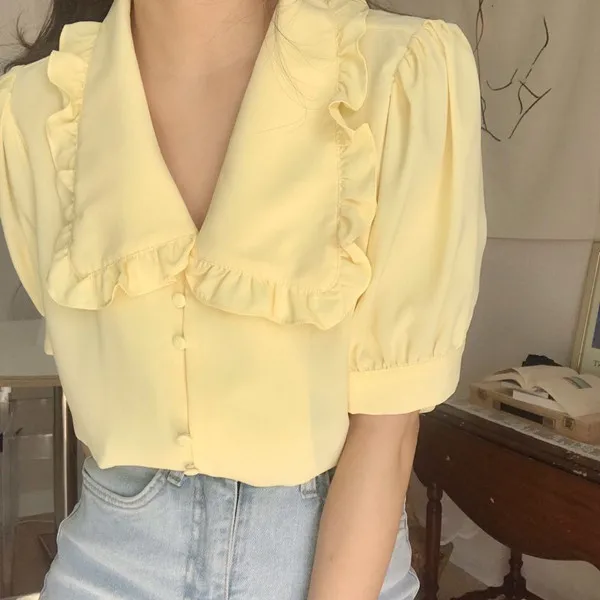 

CS200 Korean Chic Sweet Peter Pan Collar Yellow White Color Half Sleeve Blouse Ladies Match All Blusas Shirts Clothing