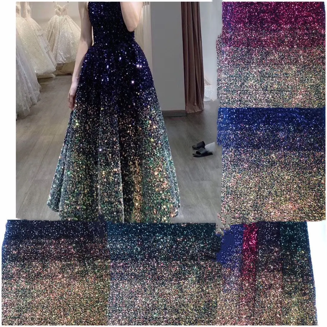 

Two-color gradient sequin design tulle lace embroidered velvet fabric for dresses, As image