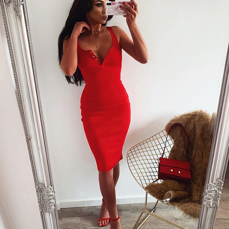 

2021 New Knee-Length Dress Knitted Elastic Sleeveless Bodycon elegant Women 2019 Summer Sexy V-Neck Button Party Slim Dresses