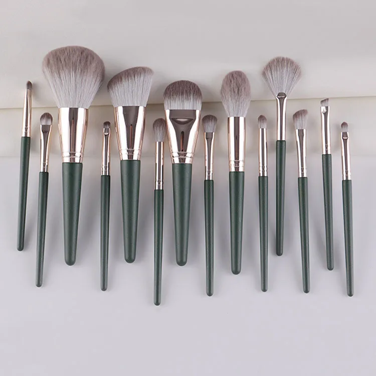 

14pcs Green Makeup Brush Pincel Maquiagem Foundation Eyebrow Brush Synthetic Nylon Hair Plastic Handle Makeup Brush Set With bag