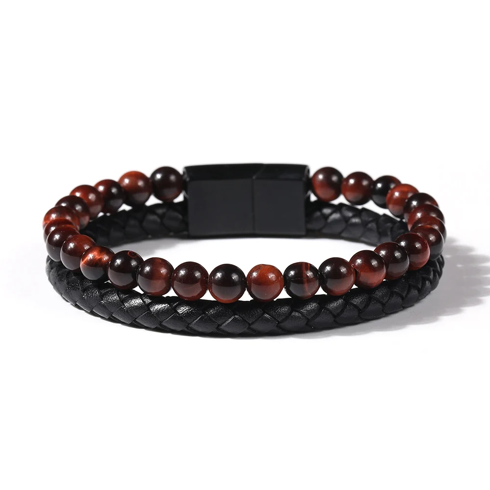 

Genuine Clasp Beads Vintage Muti Layer Men Bracelets Leather And Stainless Steel, Black,customized color