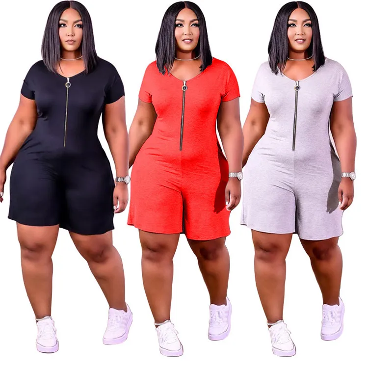 

Plus Size L-4XL Loose Clothing V Neck Casual Wear Jumpsuits with Pocket Solid Women Short Sleeve Jumpsuit Romper, As picture