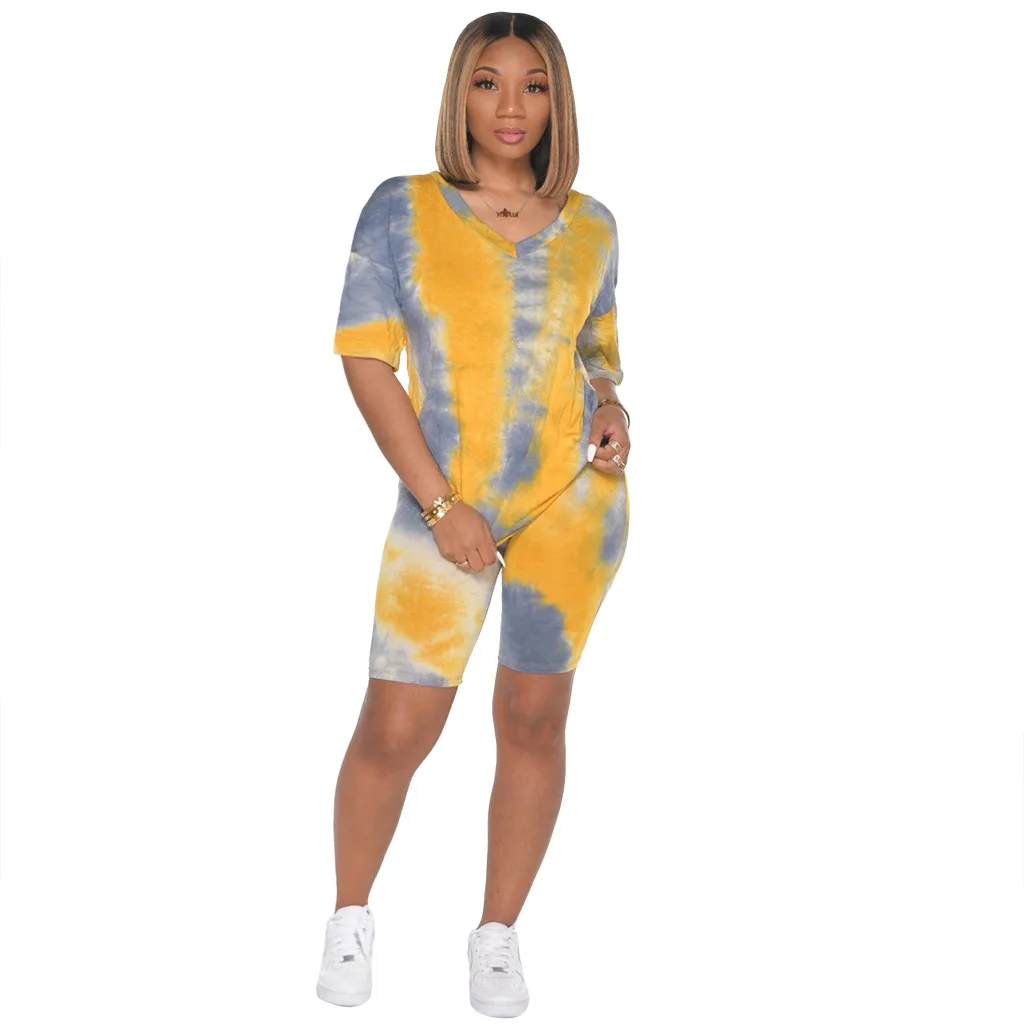 

Women tie dyed V neck casual home sports shorts set casual sexy sports suit, Picture