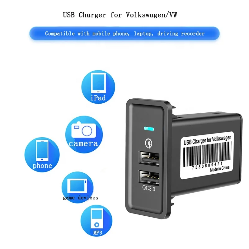 CHELINK High Quality Dual QC 3.0 USB Charger Socket 12 to 24V Input Voltage Fast Charging Car Charger Adapter for VW GOLFT 7