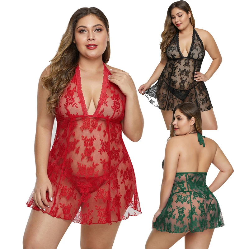 

Wholesale Fat Women Plus Size Lace Mesh Babydoll with Thong