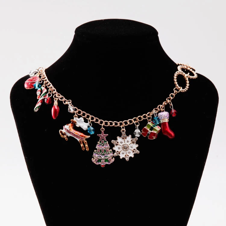 

Christmas Series Ornaments Color Enamel Snowflake Bow Pendant Bracelet Halloween Skeleton Spider Necklace Set Female