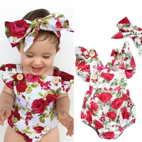 

Summer Floral Baby Romper Clothes Set Newborn Baby Girl Ruffles Sleeve Print Romper Jumpsuit+Headband 2pcs Outfit Clothes